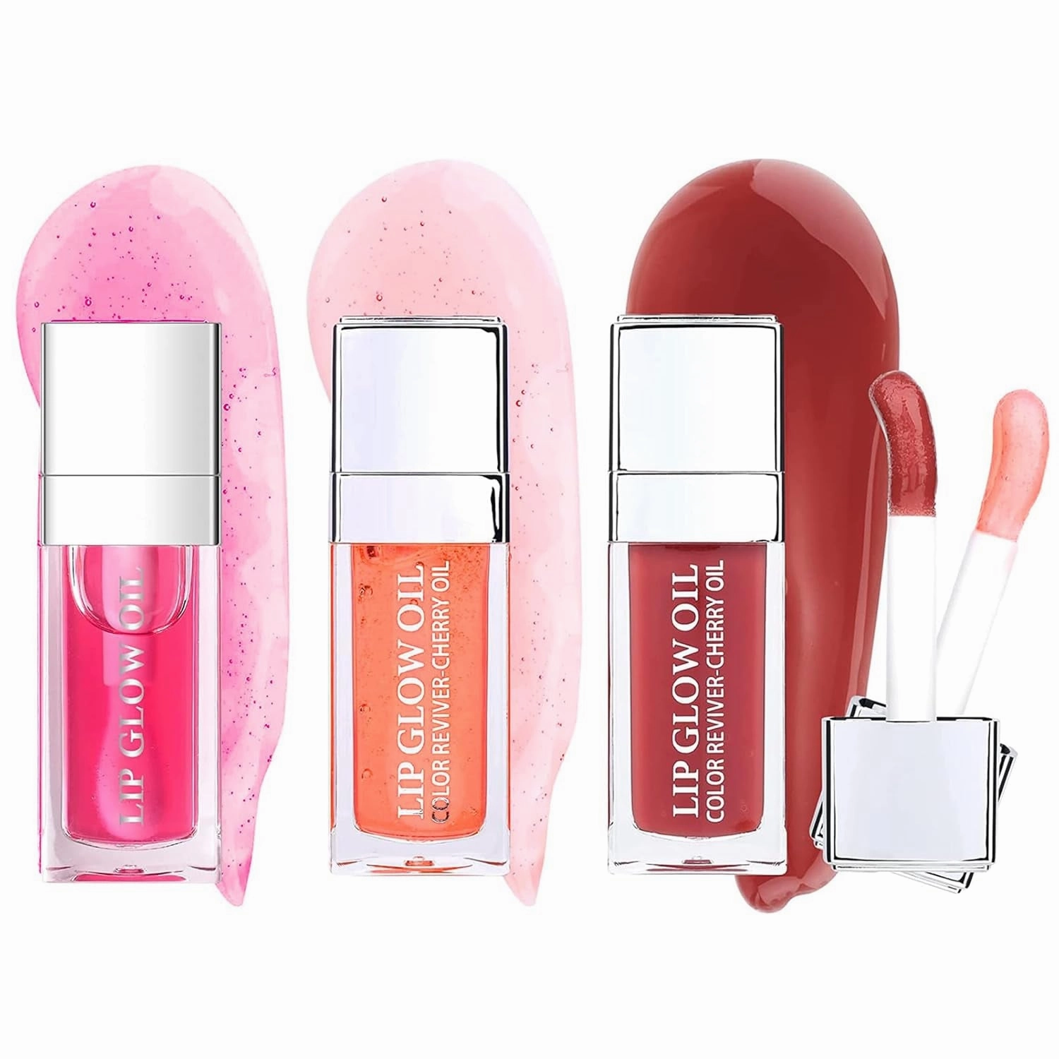 Lip Oil 3 Piece Set Moisturizing Lip Glow and Plumping Lip Oil with Cherry Oil Long-Lasting Lip Care Lip Glow Oil Color Reviver Moisturizing Non-Sticky Lip Oils Tinted Large Brush Head Shiny Tinted