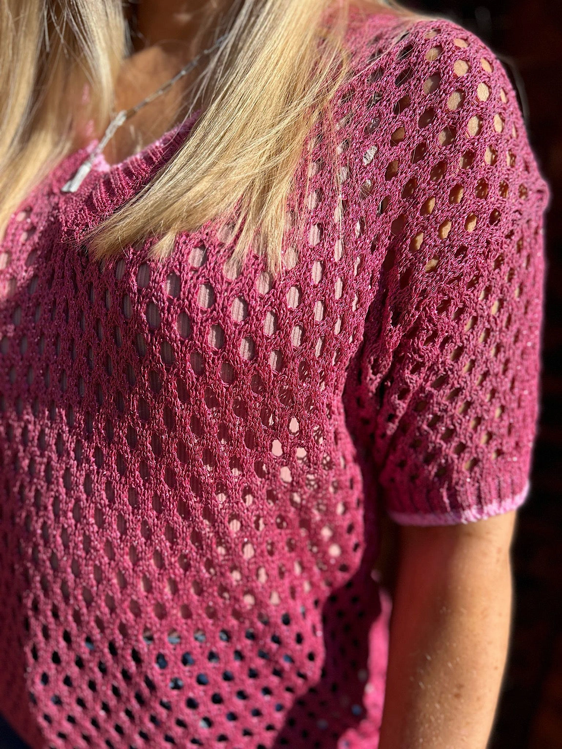 Lipstick Shimmer V Neck Loose Knit Terri