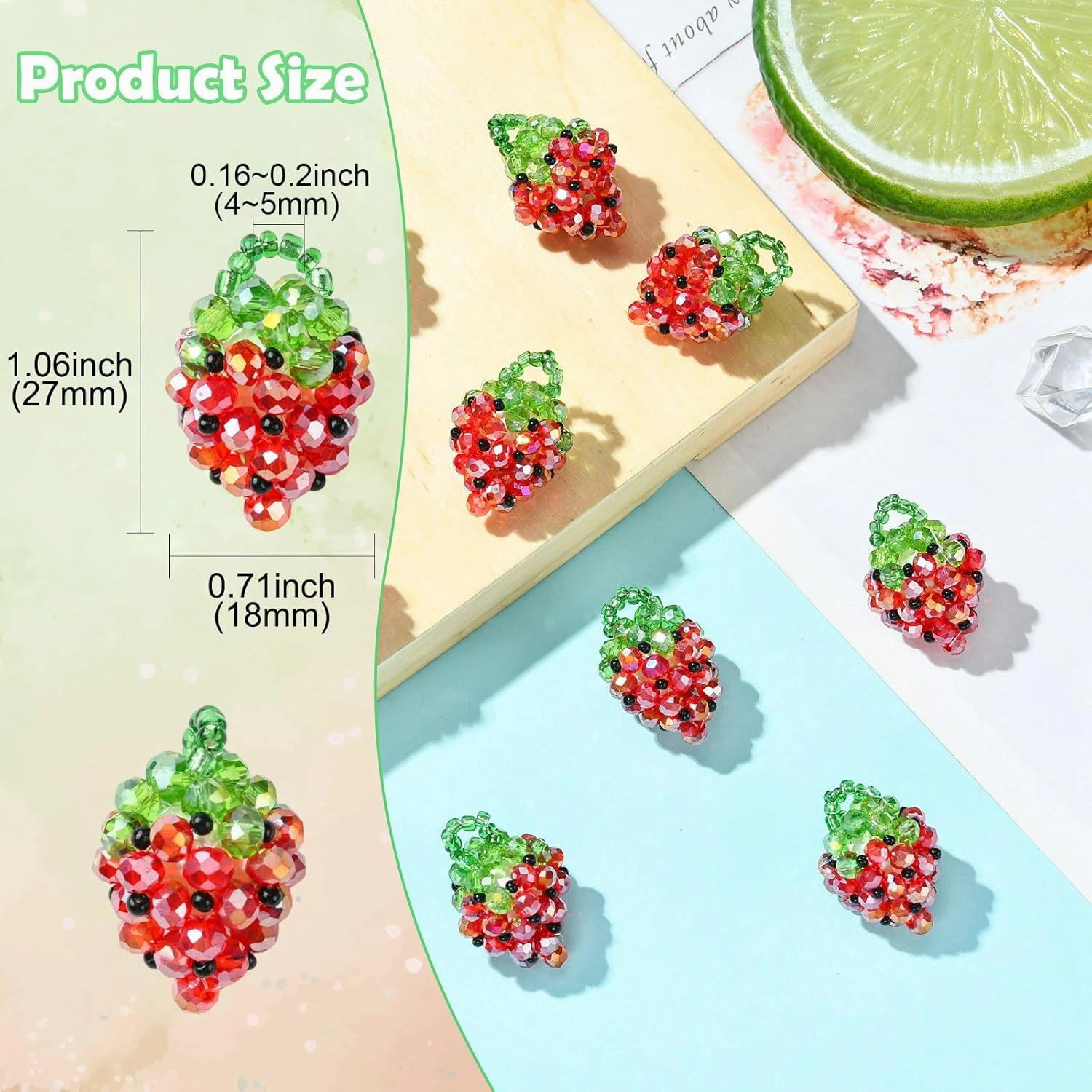 LiQunSweet 10 pcs Red Strawberry Theme Glass Charms Handmade Seed Bead Lovely Fruit Food Charms for DIY Jewelry Bracelet Necklace Earring Crafts Bag Keychian Decor