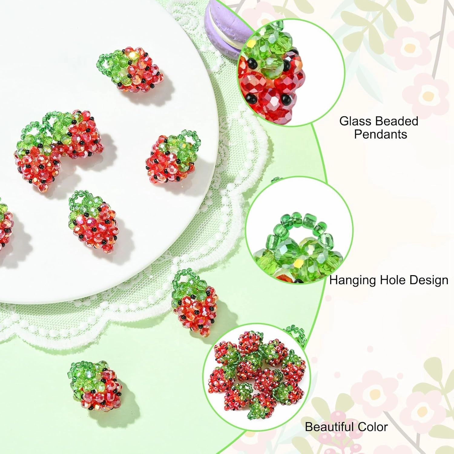 LiQunSweet 10 pcs Red Strawberry Theme Glass Charms Handmade Seed Bead Lovely Fruit Food Charms for DIY Jewelry Bracelet Necklace Earring Crafts Bag Keychian Decor