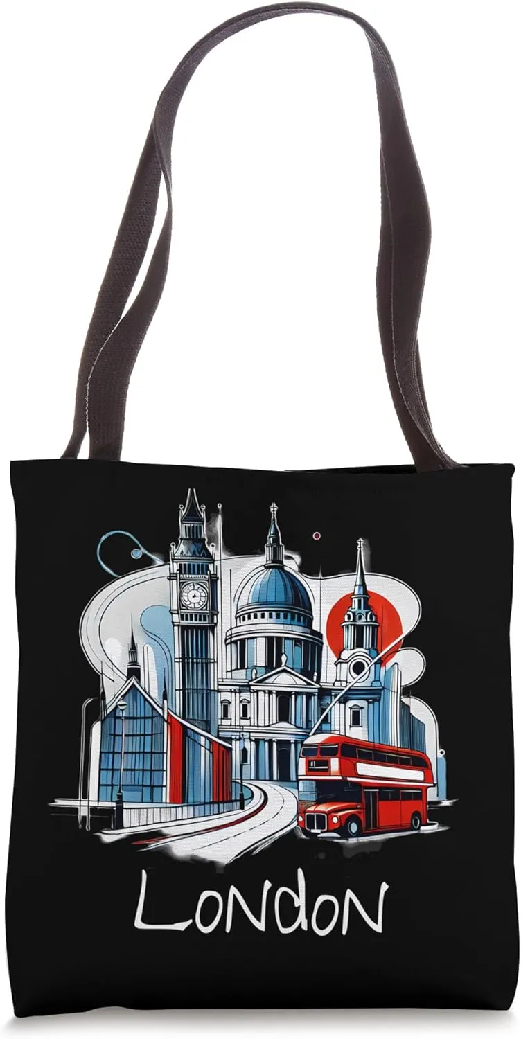London Cityscape with Red Double-Decker Bus - London Tote Bag