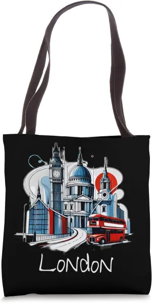 London Cityscape with Red Double-Decker Bus - London Tote Bag