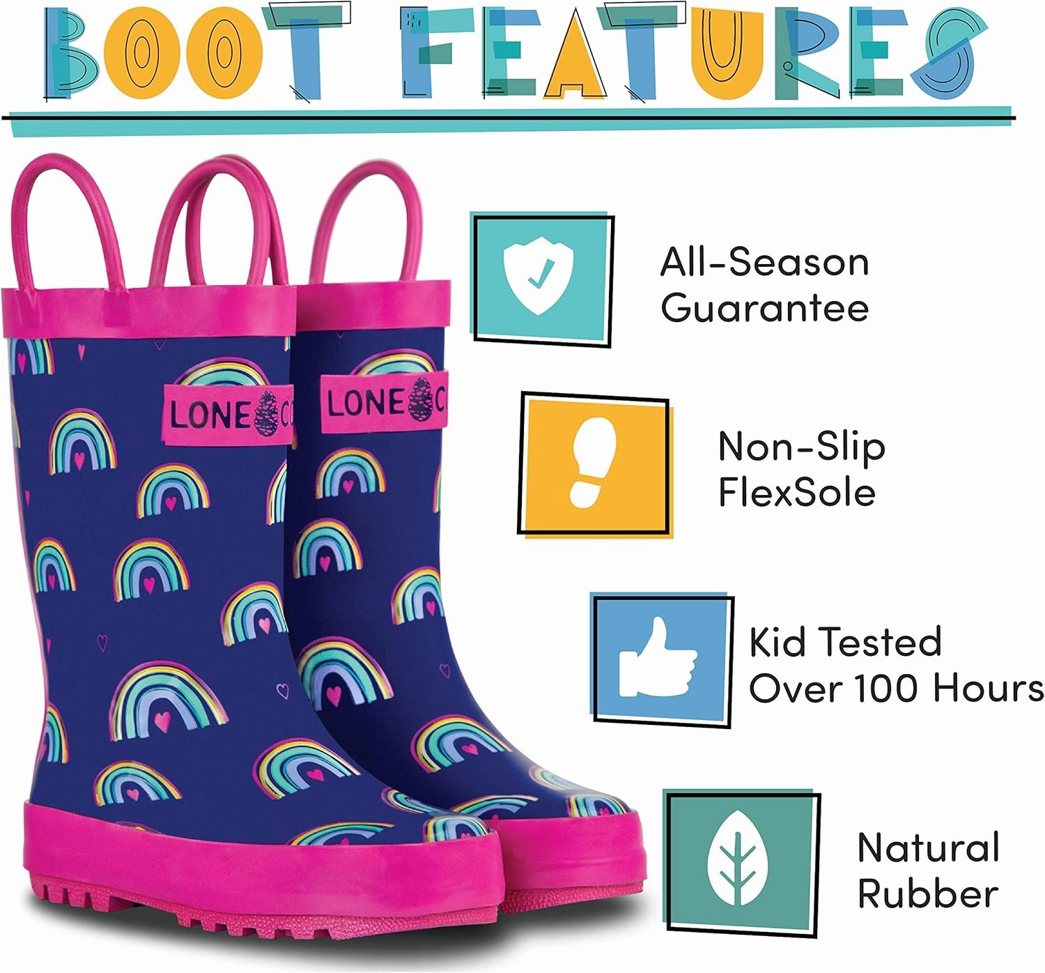Lone Cone Kids Rain Boots for Girls & Boys – Waterproof Natural Rubber Toddler Rain Boots with Non-Slip Outsole & Easy Pull Handles – Solid, Pattern & Glitter Designs