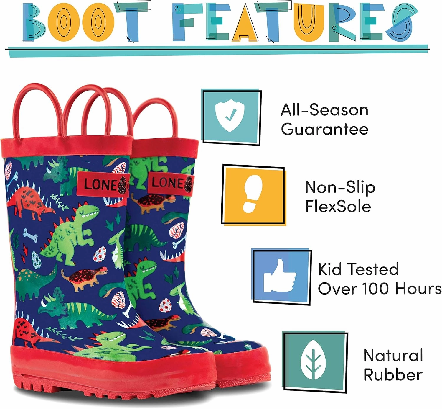 Lone Cone Kids Rain Boots for Girls & Boys – Waterproof Natural Rubber Toddler Rain Boots with Non-Slip Outsole & Easy Pull Handles – Solid, Pattern & Glitter Designs
