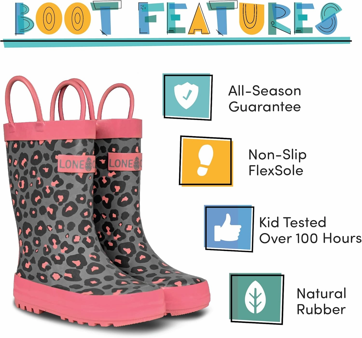 Lone Cone Kids Rain Boots for Girls & Boys – Waterproof Natural Rubber Toddler Rain Boots with Non-Slip Outsole & Easy Pull Handles – Solid, Pattern & Glitter Designs