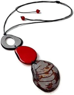 Long tagua necklace in red and gray, organic handmade tagua nut jewelry TAG638