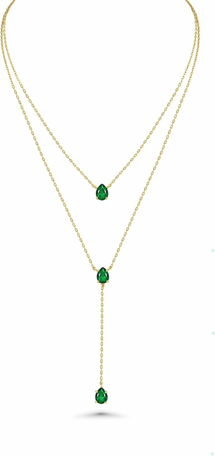 Long 18K Gold Plated Blue Green Red Layered Pendant Necklace For Women (Emerald, Ruby, Seafoam, Sky, Sapphire), Dainty Birthstone Necklace, Statement Necklace Jewelry Gifts.