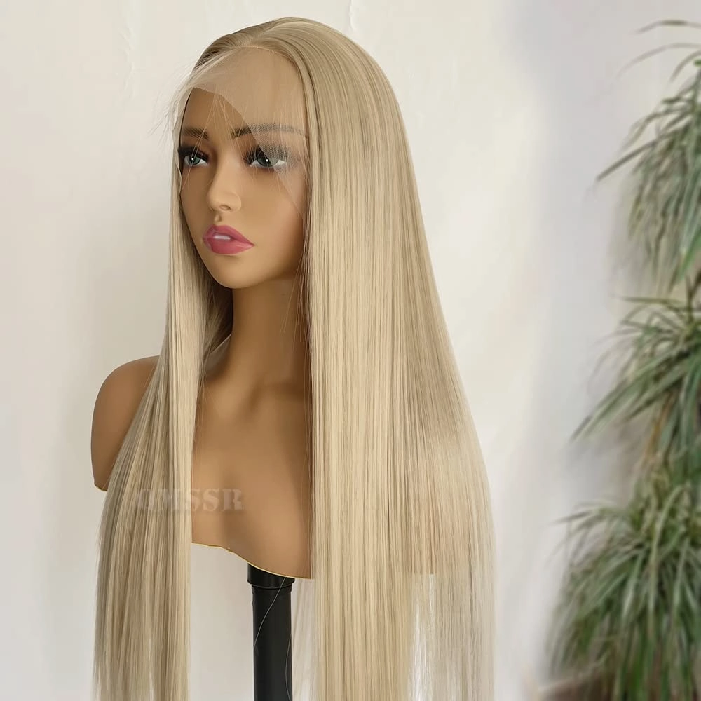 Long Straight Blonde Hair Wig Free Part Synthetic Lace Front Wigs Glueless Ash Blonde Lace Front Wigs for Women 22inch