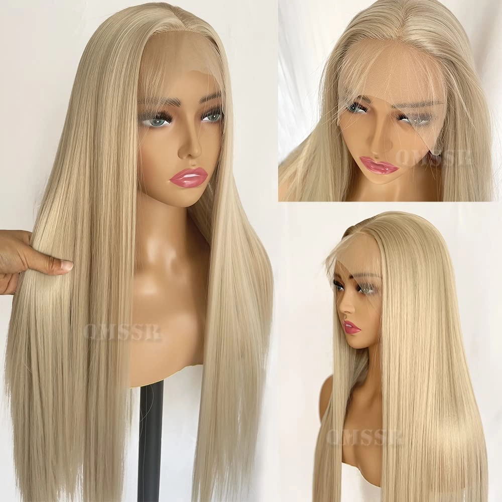 Long Straight Blonde Hair Wig Free Part Synthetic Lace Front Wigs Glueless Ash Blonde Lace Front Wigs for Women 22inch