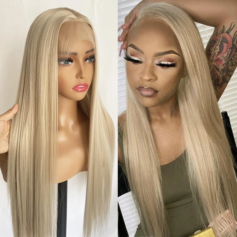 Long Straight Blonde Hair Wig Free Part Synthetic Lace Front Wigs Glueless Ash Blonde Lace Front Wigs for Women 22inch