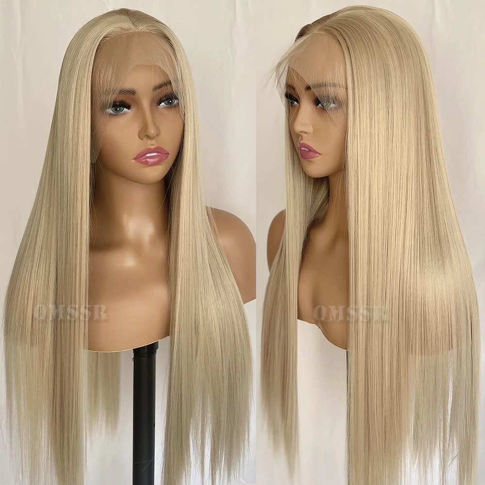 Long Straight Blonde Hair Wig Free Part Synthetic Lace Front Wigs Glueless Ash Blonde Lace Front Wigs for Women 22inch