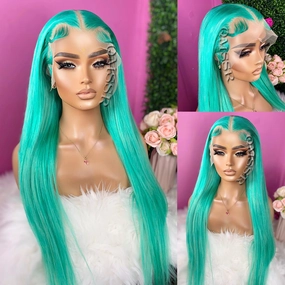 Long Straight Lace Front Wig Blue Color Synthetic Lace Front Wigs for Fashion Women Greenish Blue Lace Front Wigs Pre Plucked Hairline