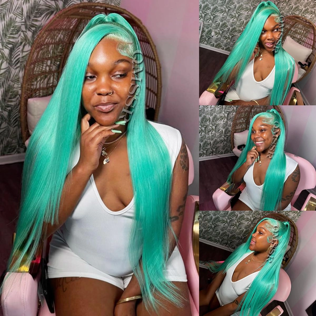Long Straight Lace Front Wig Blue Color Synthetic Lace Front Wigs for Fashion Women Greenish Blue Lace Front Wigs Pre Plucked Hairline