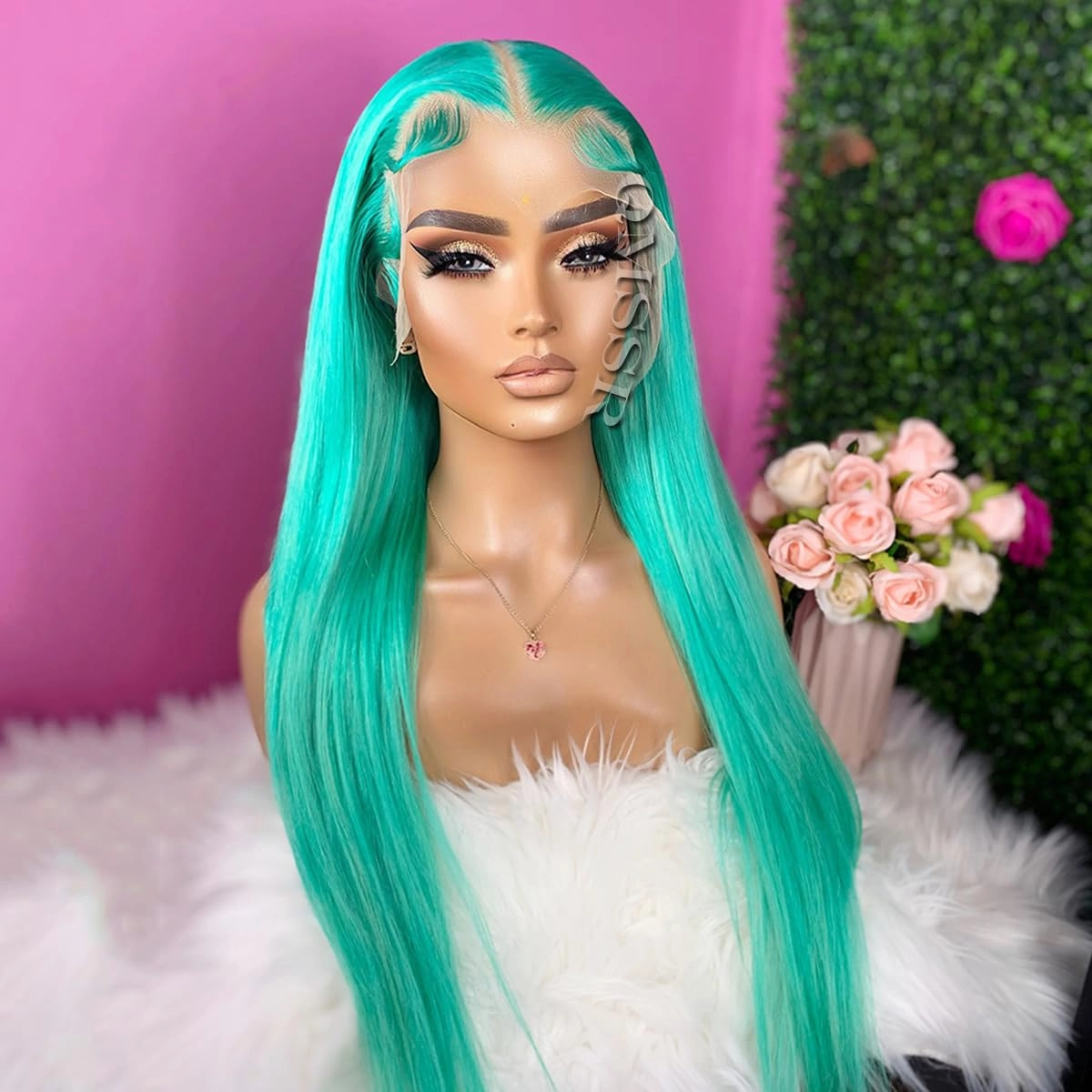 Long Straight Lace Front Wig Blue Color Synthetic Lace Front Wigs for Fashion Women Greenish Blue Lace Front Wigs Pre Plucked Hairline