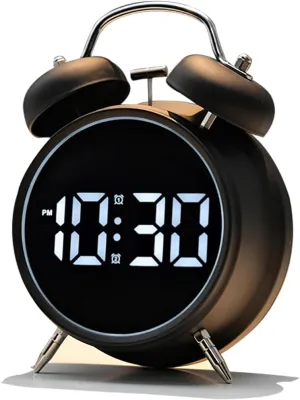 Loud Alarm Clock for Heavy Sleepers Adults, Teens,Kids,Retro Metal Twin Bell 4 Inch,Large Big Numbers Display with Backlight, Small Bedside Digital Clock for Bedrooms (Black)