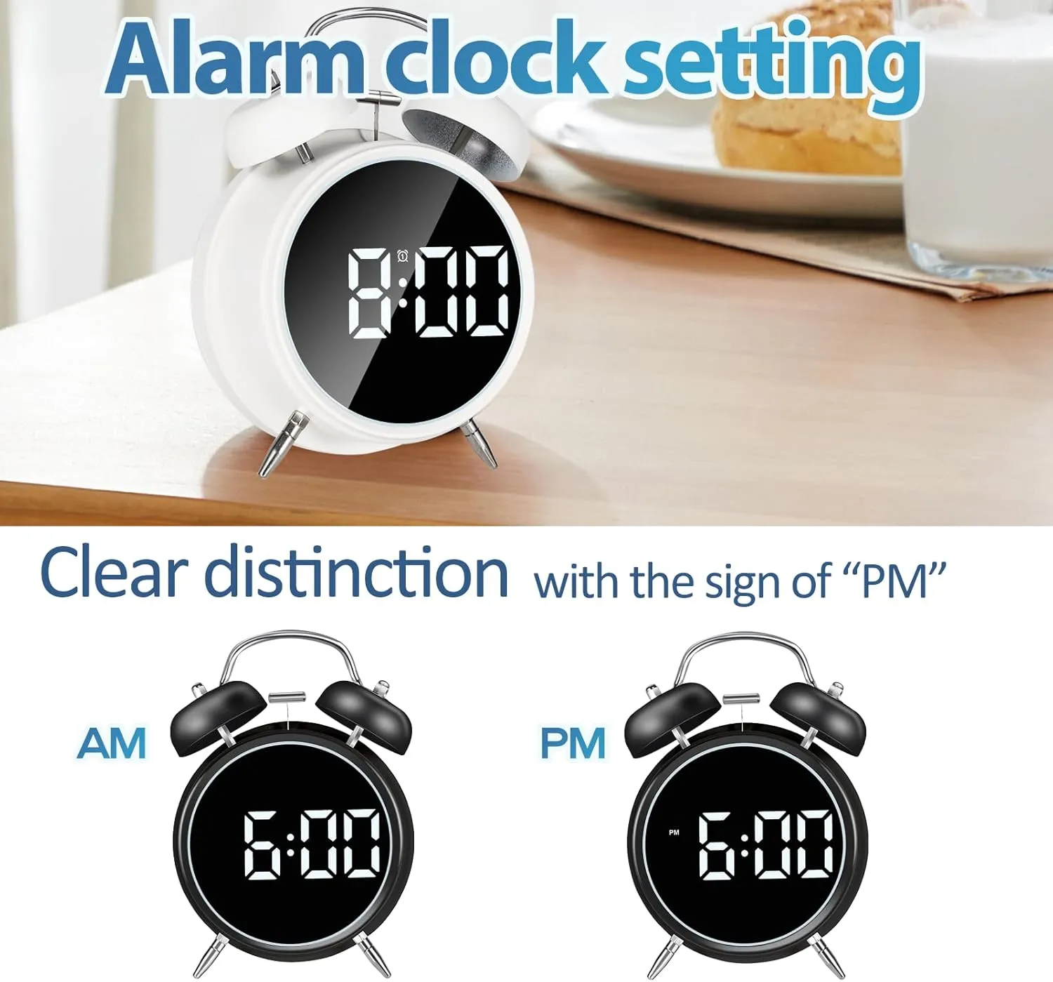 Loud Alarm Clock for Heavy Sleepers Adults, Teens,Kids,Retro Metal Twin Bell 4 Inch,Large Big Numbers Display with Backlight, Small Bedside Digital Clock for Bedrooms (Black)