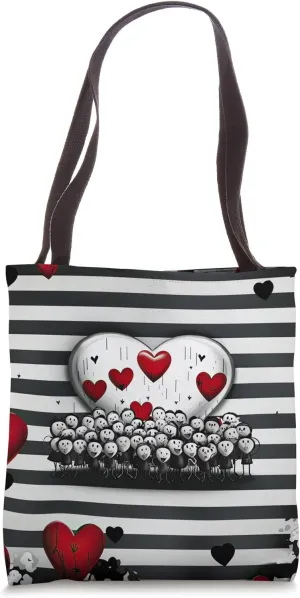 Love and Unity Doodle People Red Hearts Black White Stripes Tote Bag
