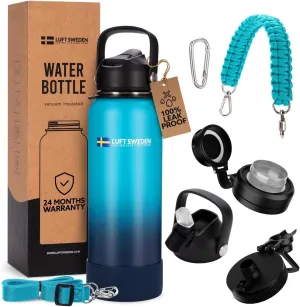LUFT SWEDEN 32 oz Deep Blue Insulated Water Bottle with Straw Lid – Stainless Steel, Leakproof & Dishwasher Safe – Reusable Gym Flask for Cold Drinks – Sweatproof, BPA-Free, Double Wall Thermos