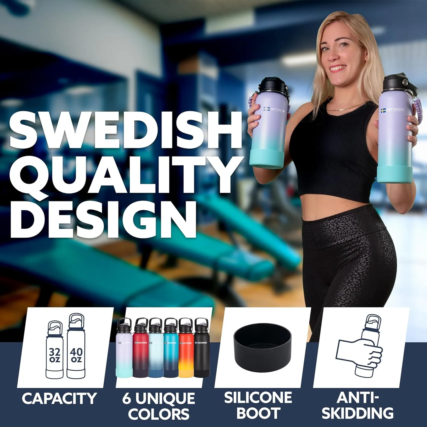 LUFT SWEDEN 32 oz Deep Blue Insulated Water Bottle with Straw Lid – Stainless Steel, Leakproof & Dishwasher Safe – Reusable Gym Flask for Cold Drinks – Sweatproof, BPA-Free, Double Wall Thermos