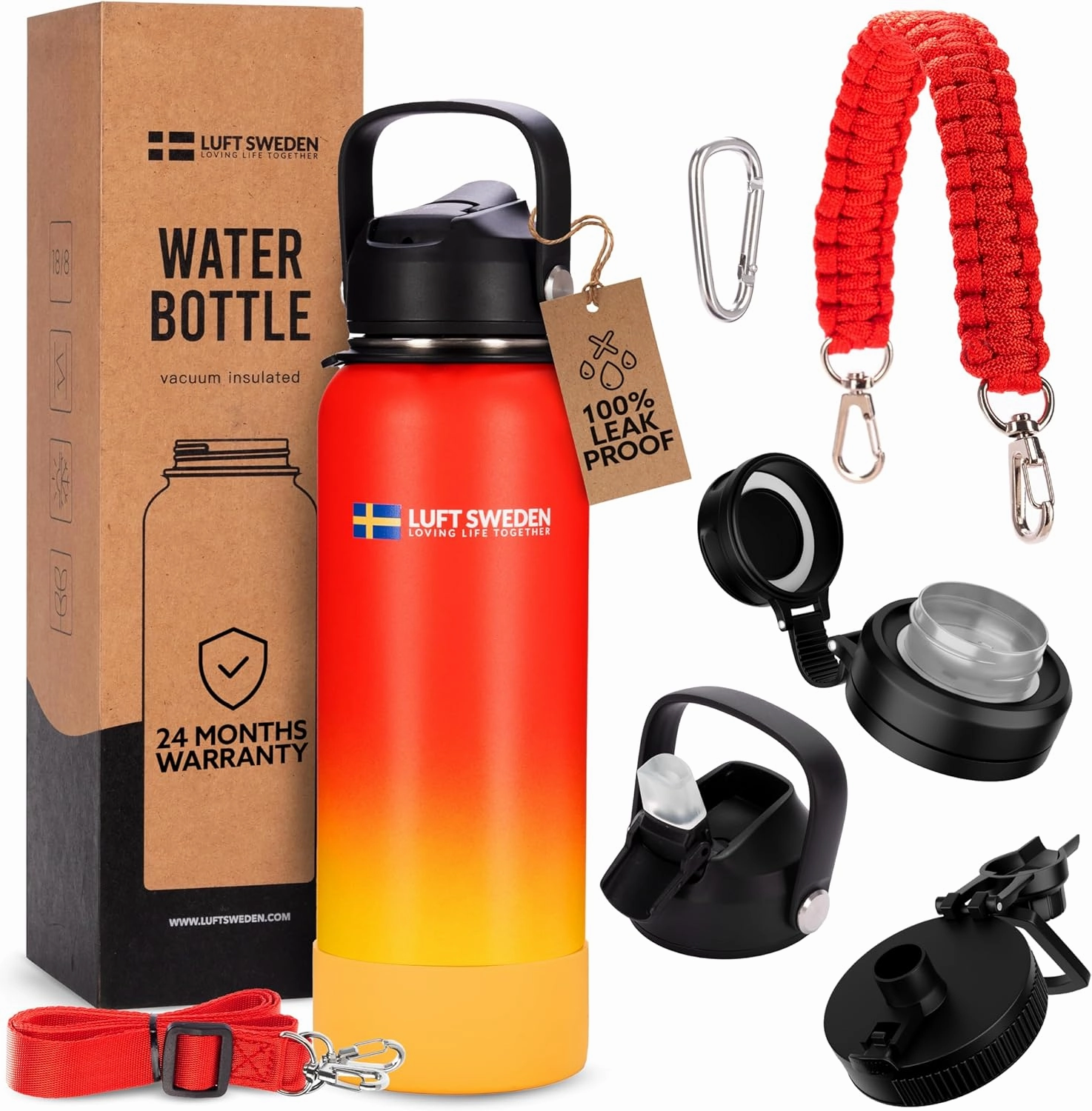LUFT SWEDEN 32 oz Red & Orange Insulated Water Bottle with Straw Lid – Leakproof Stainless Steel, Dishwasher Safe – Double Wall Reusable Thermos for Gym, Travel, Work – BPA-Free & Sweatproof