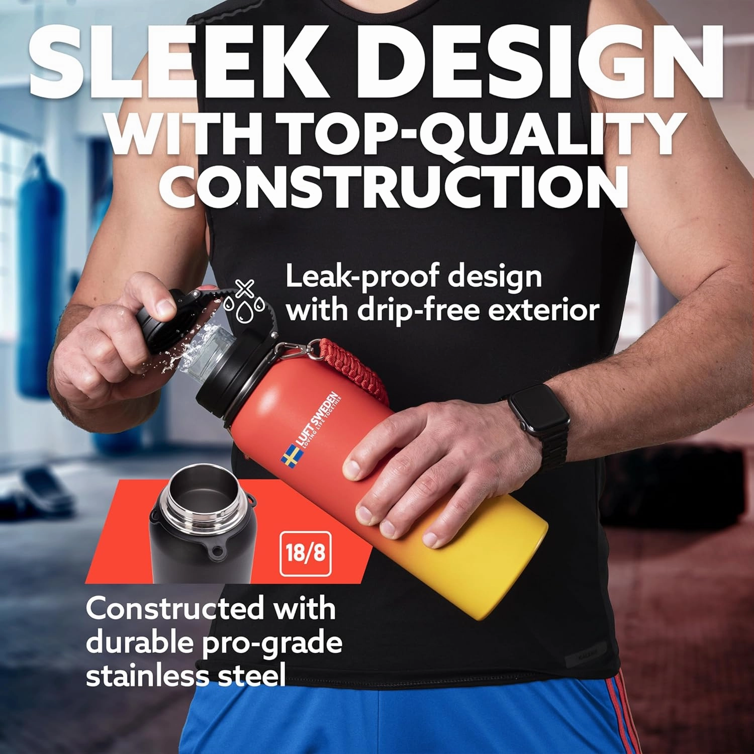 LUFT SWEDEN 32 oz Red & Orange Insulated Water Bottle with Straw Lid – Leakproof Stainless Steel, Dishwasher Safe – Double Wall Reusable Thermos for Gym, Travel, Work – BPA-Free & Sweatproof