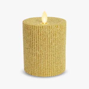 Luminara Rich Glitter Ribbed Flameless Candle Pillar (Gold, 3.25" x 4.5")
