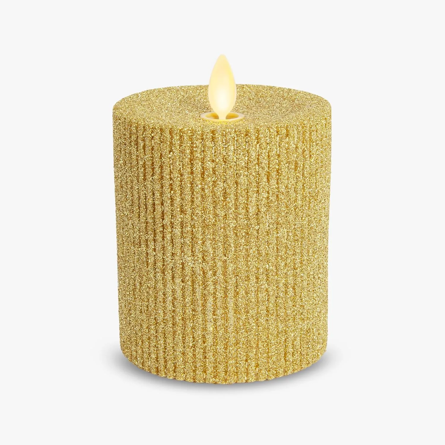 Luminara Rich Glitter Ribbed Flameless Candle Pillar (Gold, 3.25" x 4.5")