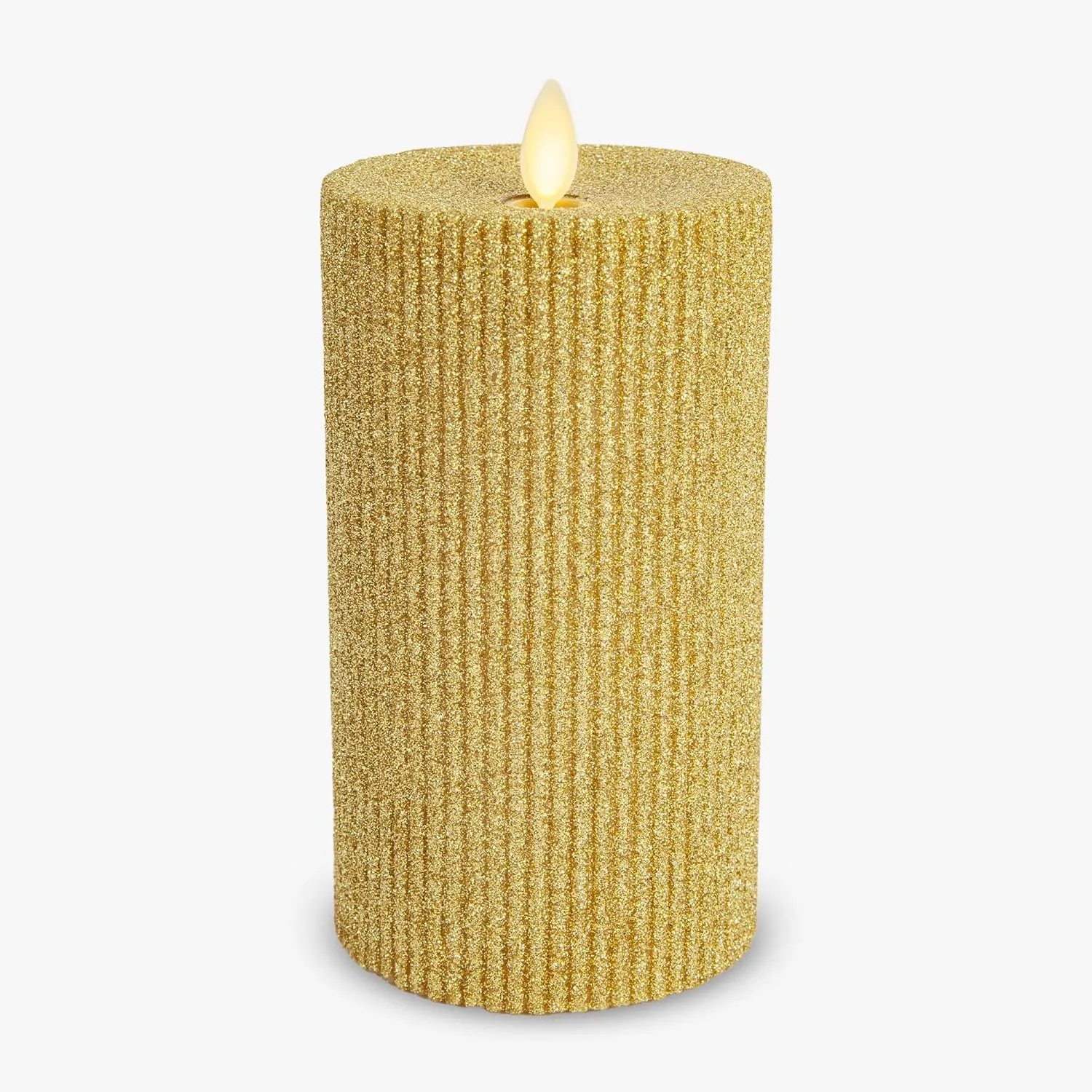 Luminara Rich Glitter Ribbed Flameless Candle Pillar (Gold, 3.25" x 6.5")