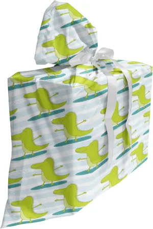 Lunarable Alligator Fabric Gift Bag, Surfing Hipster Sportive Crocodiles Exercise Carnivore Pattern, Present Sack for Parties Birthdays with 3 Ribbons, 27, Yellow Green Pale Blue