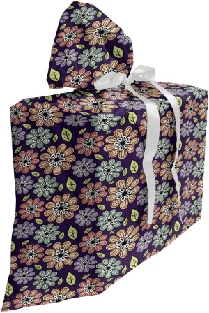 Lunarable Floral Fabric Gift Bag, Digitally Generated Colorful Ornate Flowers and Leaves Illustration, Present Sack for Parties Birthdays with 3 Ribbons, 27, Dark Purple Multicolor