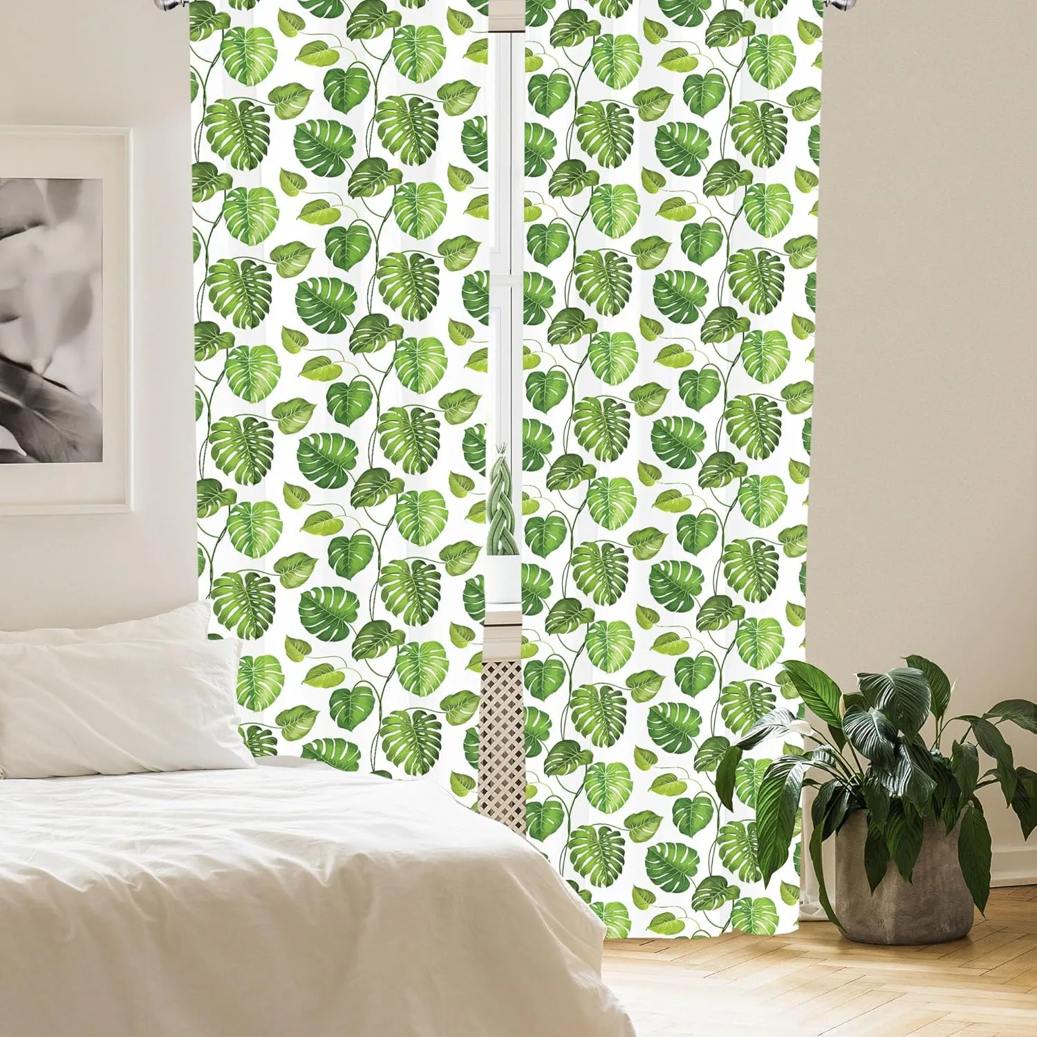 Lunarable Leaf Window Curtains, Tropical Jungle Rainforest Leaves Palm Mango Tree Wild Leaves Art Print, Lightweight Decor 2-Panel Set with Rod Pocket, Pair of - 28" x 63", Green White