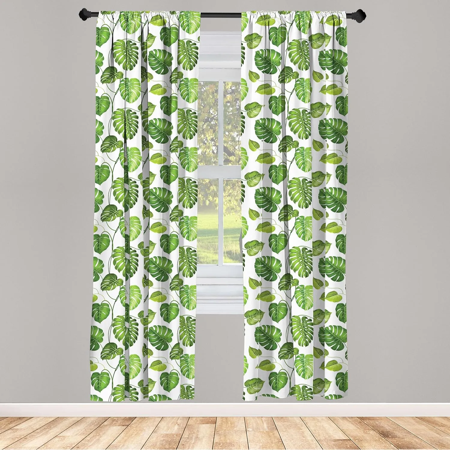 Lunarable Leaf Window Curtains, Tropical Jungle Rainforest Leaves Palm Mango Tree Wild Leaves Art Print, Lightweight Decor 2-Panel Set with Rod Pocket, Pair of - 28" x 63", Green White