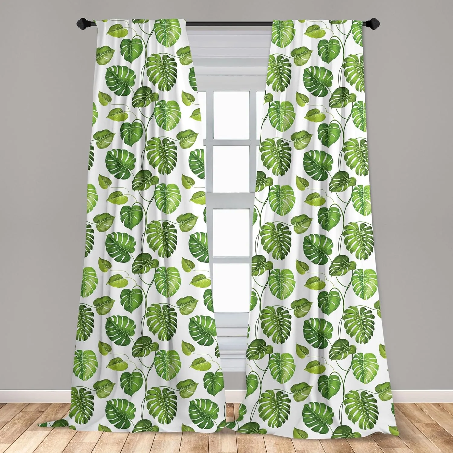 Lunarable Leaf Window Curtains, Tropical Jungle Rainforest Leaves Palm Mango Tree Wild Leaves Art Print, Lightweight Decor 2-Panel Set with Rod Pocket, Pair of - 28" x 63", Green White