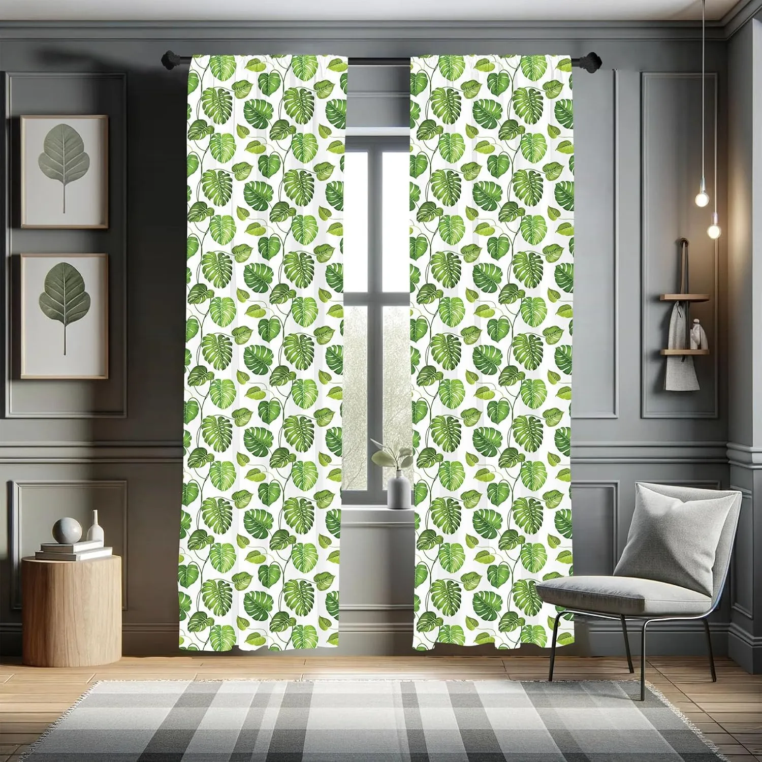 Lunarable Leaf Window Curtains, Tropical Jungle Rainforest Leaves Palm Mango Tree Wild Leaves Art Print, Lightweight Decor 2-Panel Set with Rod Pocket, Pair of - 28" x 63", Green White