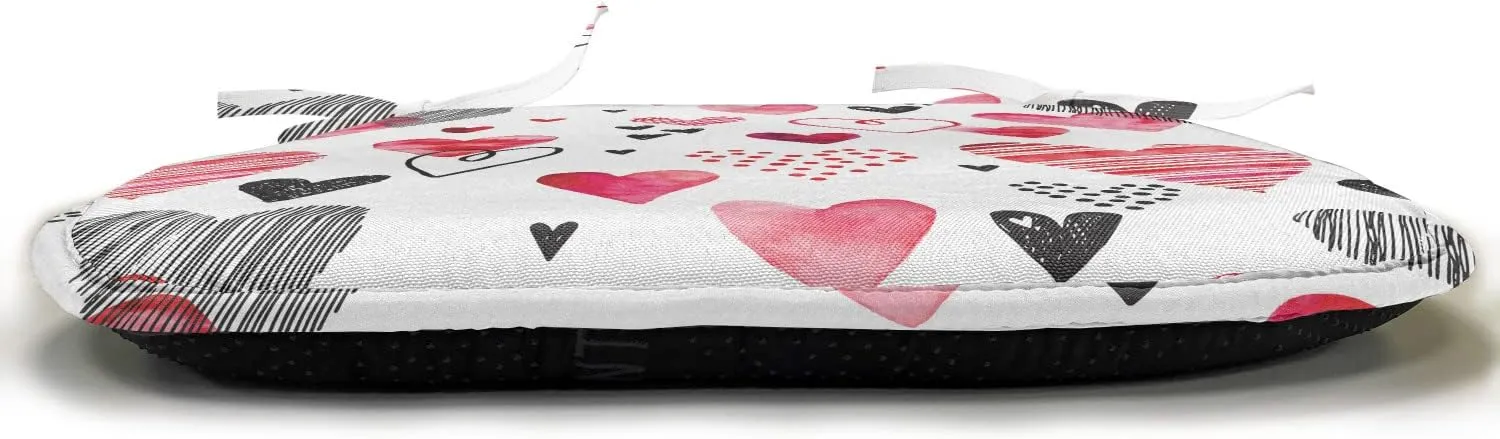 Lunarable Love Chair Seating Cushion Set of 2, Love Valentines Day Inspirations Illustrations with Doodle Heart Pattern, Anti-Slip Seat Padding for Kitchen & Patio, 16"x16", Black Pink Vermilion