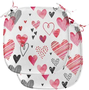 Lunarable Love Chair Seating Cushion Set of 2, Love Valentines Day Inspirations Illustrations with Doodle Heart Pattern, Anti-Slip Seat Padding for Kitchen & Patio, 16"x16", Black Pink Vermilion