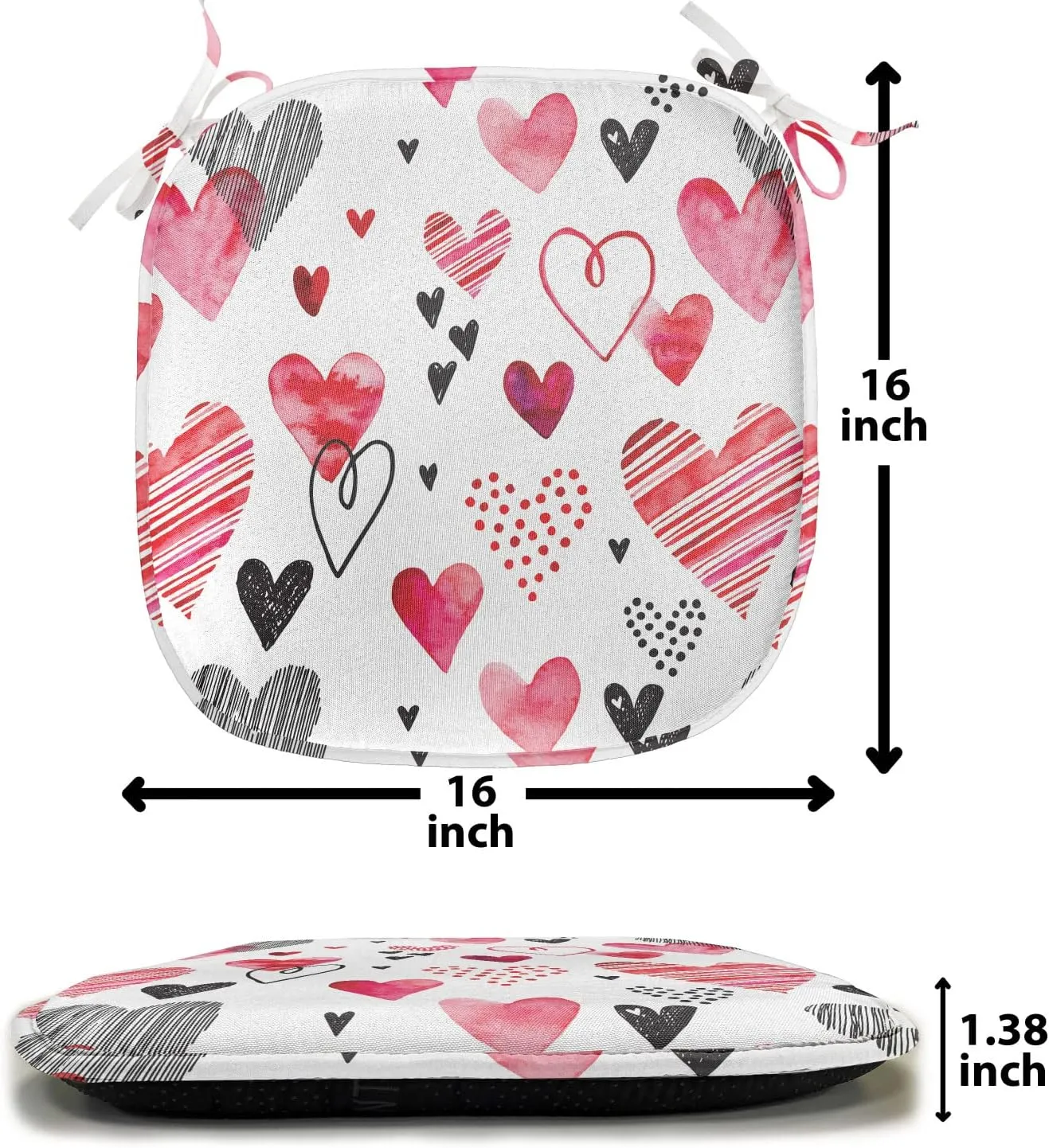 Lunarable Love Chair Seating Cushion Set of 2, Love Valentines Day Inspirations Illustrations with Doodle Heart Pattern, Anti-Slip Seat Padding for Kitchen & Patio, 16"x16", Black Pink Vermilion
