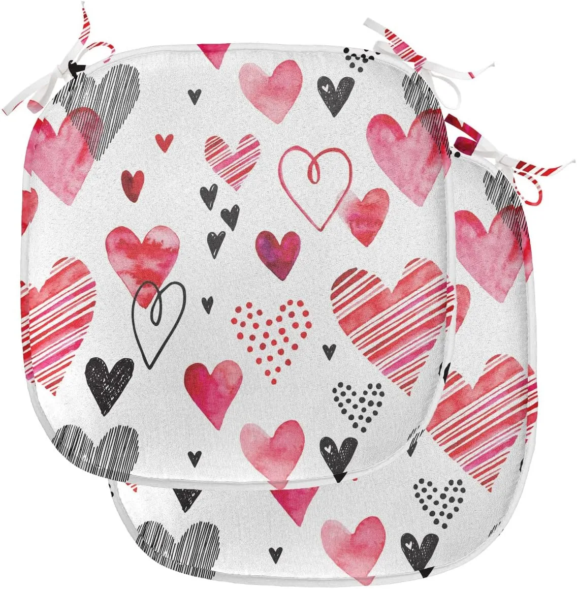 Lunarable Love Chair Seating Cushion Set of 2, Love Valentines Day Inspirations Illustrations with Doodle Heart Pattern, Anti-Slip Seat Padding for Kitchen & Patio, 16"x16", Black Pink Vermilion