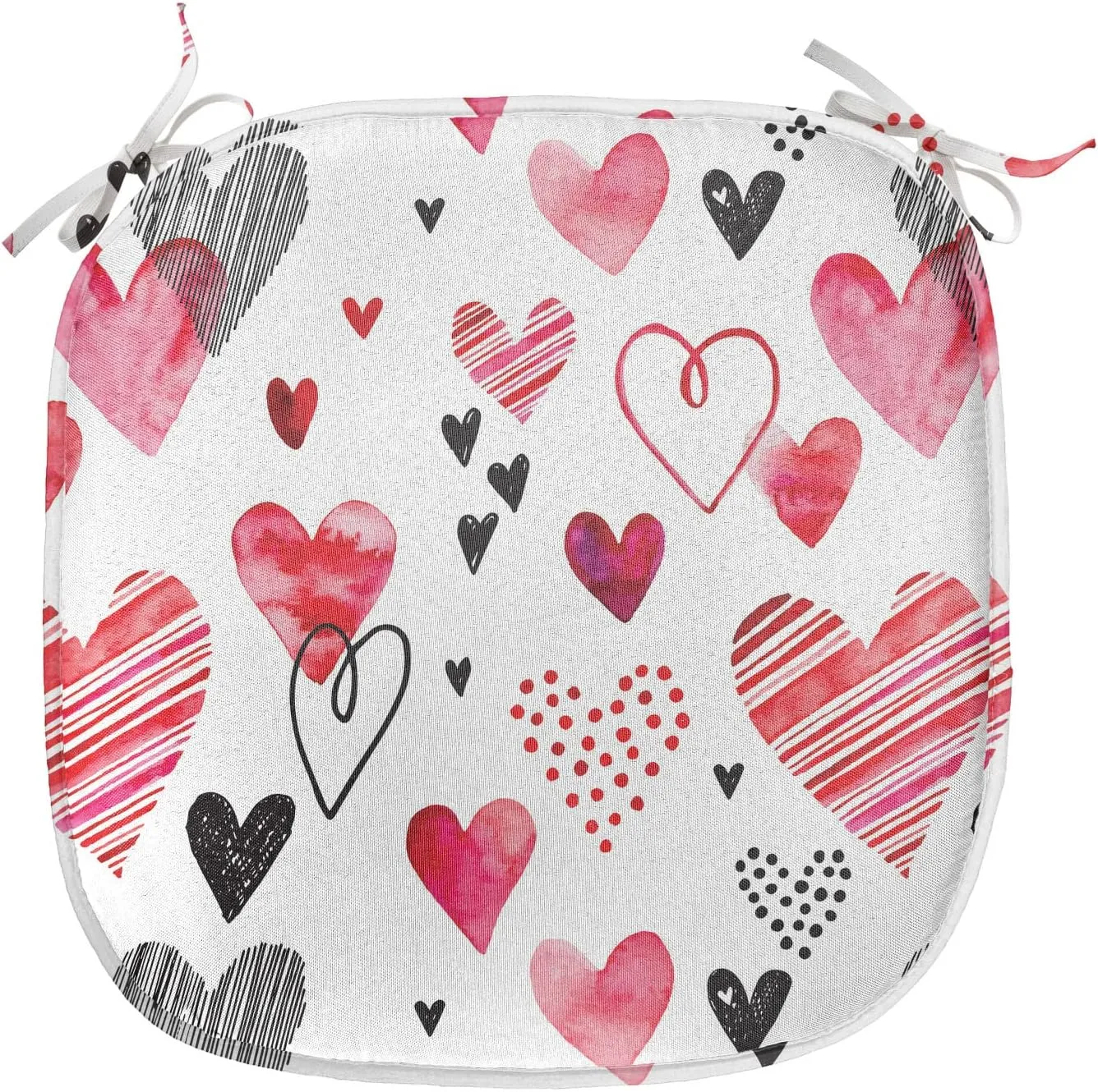 Lunarable Love Chair Seating Cushion Set of 2, Love Valentines Day Inspirations Illustrations with Doodle Heart Pattern, Anti-Slip Seat Padding for Kitchen & Patio, 16"x16", Black Pink Vermilion