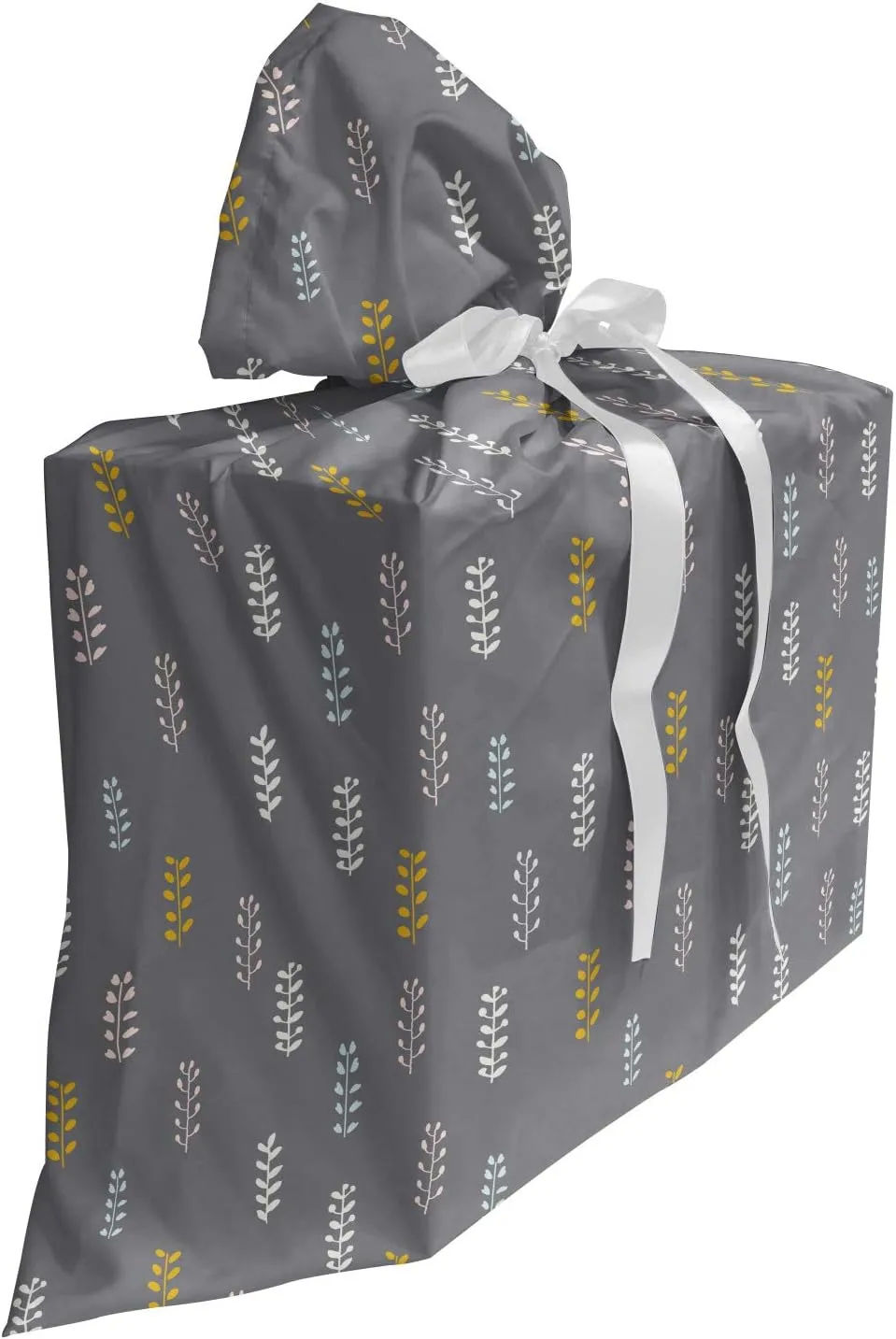 Lunarable Mustard Gift Bag, Repetitive Autumn Resembling Branches Vertically Arranged Botanical Continuation, Fabric Party Favor Pouch with 3 Ribbons, 27, Dimgray