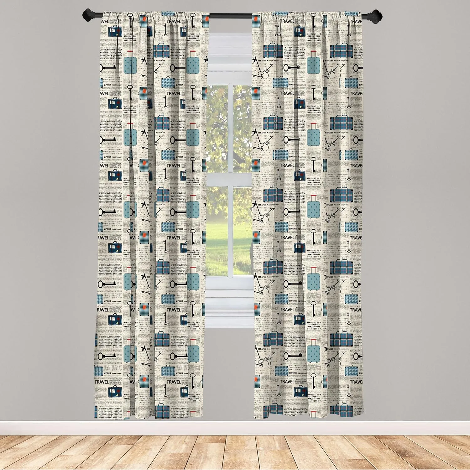 Lunarable Old Newspaper Curtains, Retro Styled Travel Vacation Theme Vintage Suitcases Keys Dot Text, Window Treatments 2 Panel Set for Living Room Bedroom, Pair of - 28" x 63", Black Cream