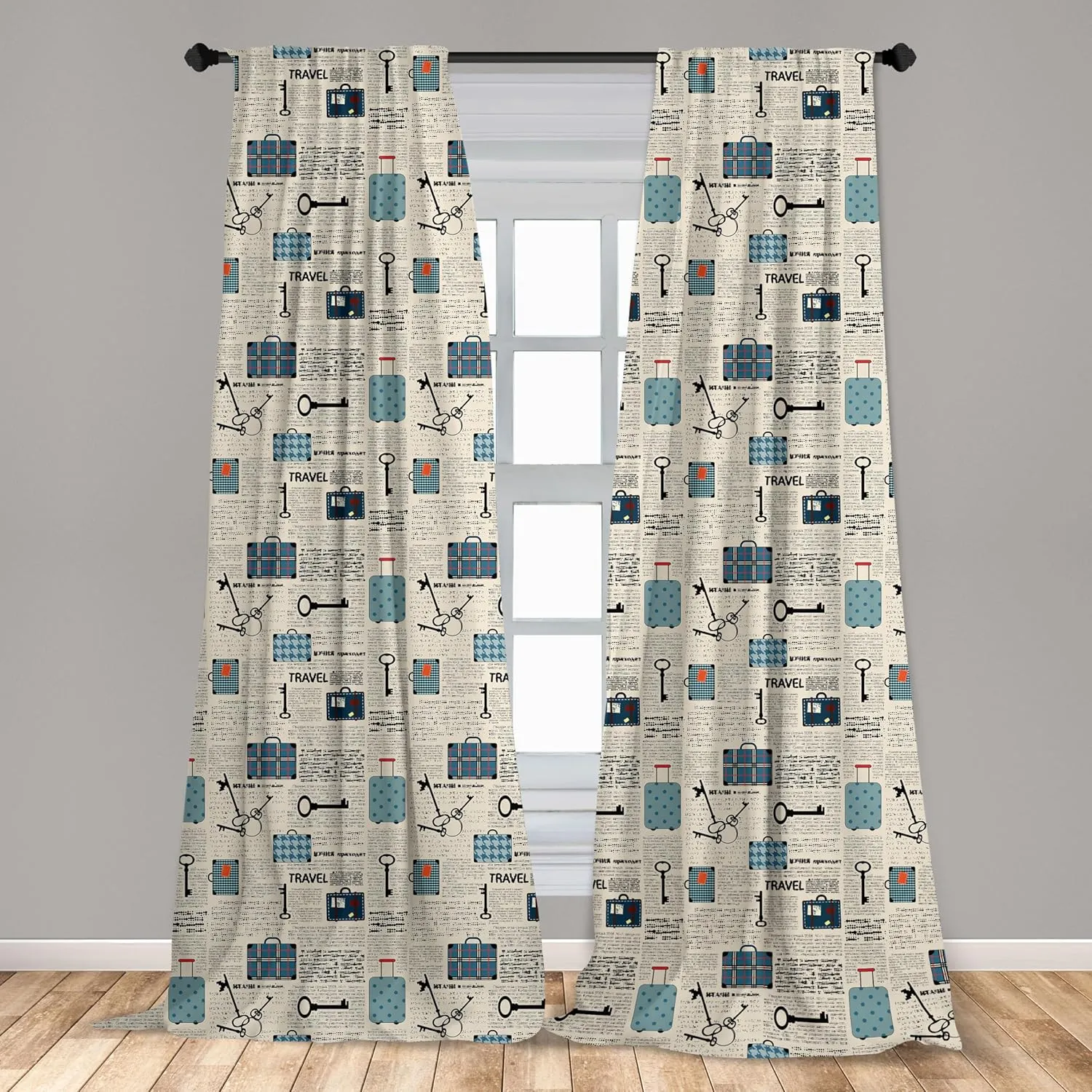 Lunarable Old Newspaper Curtains, Retro Styled Travel Vacation Theme Vintage Suitcases Keys Dot Text, Window Treatments 2 Panel Set for Living Room Bedroom, Pair of - 28" x 63", Black Cream