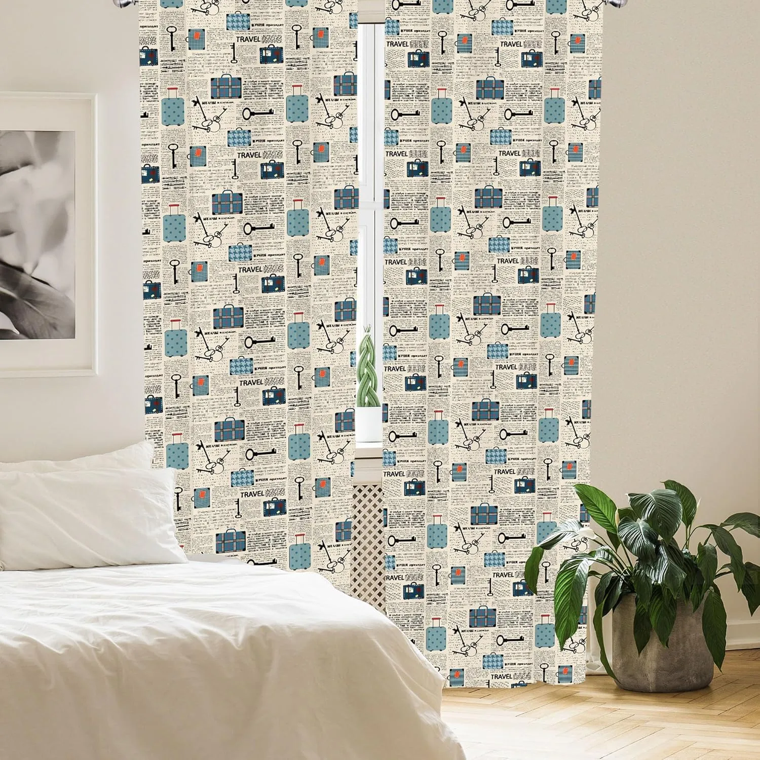 Lunarable Old Newspaper Curtains, Retro Styled Travel Vacation Theme Vintage Suitcases Keys Dot Text, Window Treatments 2 Panel Set for Living Room Bedroom, Pair of - 28" x 63", Black Cream