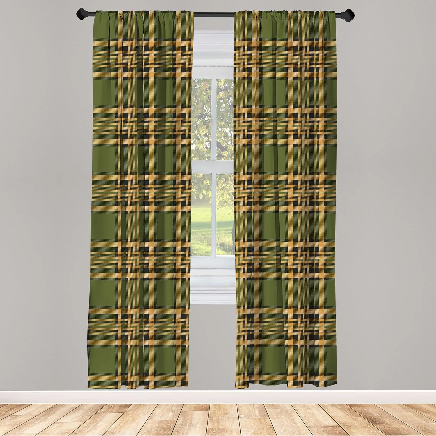 Lunarable Plaid Curtains, Tartan Pattern in Autumn Tones Old Fashioned Design Country Illustration, Window Treatments 2 Panel Set for Living Room Bedroom, Pair of - 28" x 63", Olive