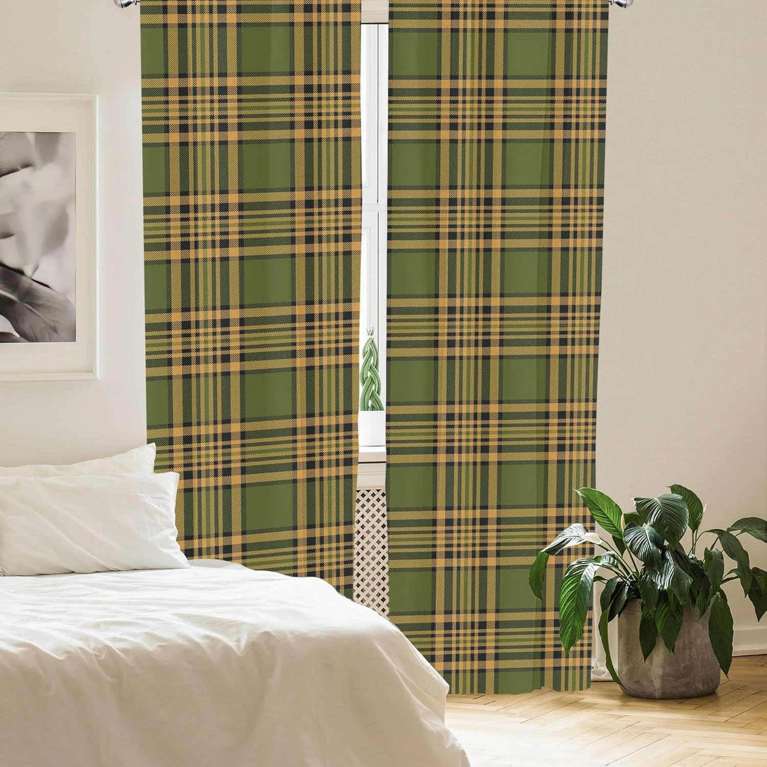 Lunarable Plaid Curtains, Tartan Pattern in Autumn Tones Old Fashioned Design Country Illustration, Window Treatments 2 Panel Set for Living Room Bedroom, Pair of - 28" x 63", Olive