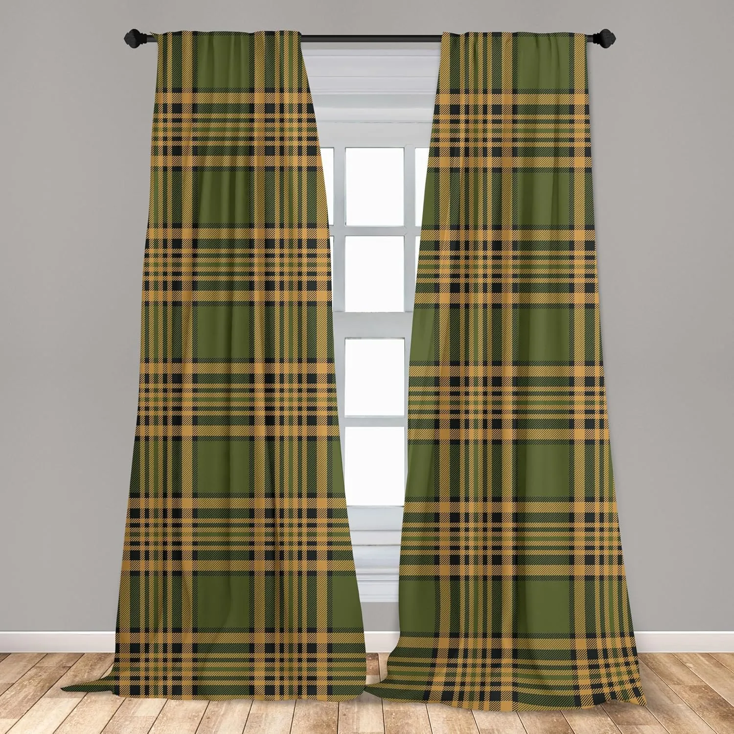 Lunarable Plaid Curtains, Tartan Pattern in Autumn Tones Old Fashioned Design Country Illustration, Window Treatments 2 Panel Set for Living Room Bedroom, Pair of - 28" x 63", Olive