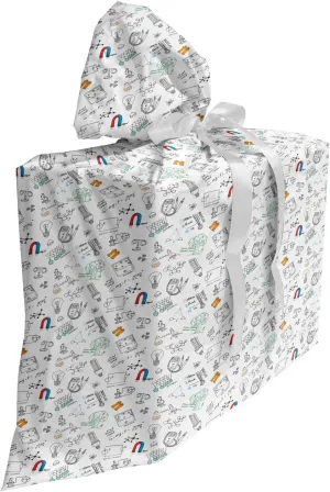 Lunarable Science Fabric Gift Bag, Physics Formulas and Experiments Themed Hand Written Effect Study Concept Pattern, Present Sack for Parties Birthdays with 3 Ribbons, 27, Multicolor