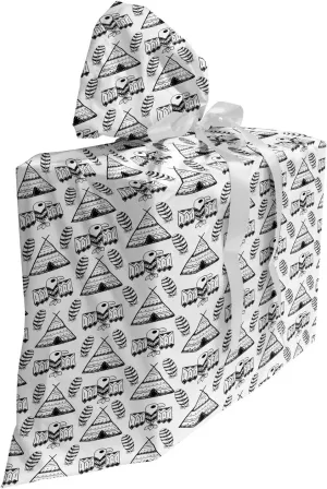 Lunarable Tribal Fabric Gift Bag, Illustration of Different Tribal Eagle Feathers Nomadic Tents, Present Sack for Parties Birthdays with 3 Ribbons, 27, Black White