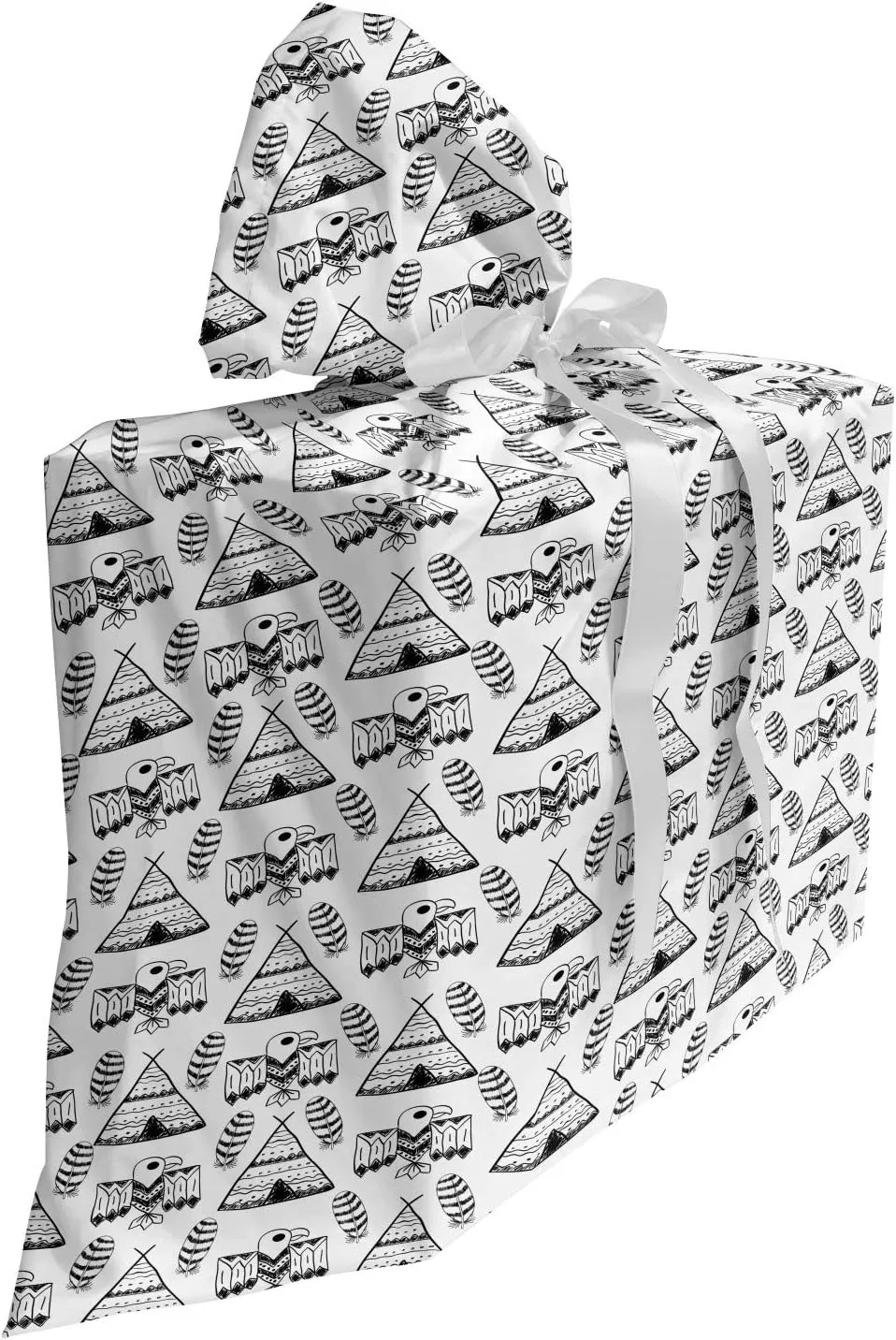 Lunarable Tribal Fabric Gift Bag, Illustration of Different Tribal Eagle Feathers Nomadic Tents, Present Sack for Parties Birthdays with 3 Ribbons, 27, Black White
