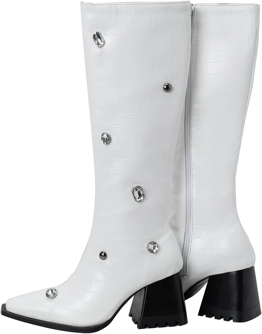 Lutalica W Women's Fashion Matte Square Toe Side Zipper Animal Print Rhinestone Chunky Heel Dress Knee High Boots